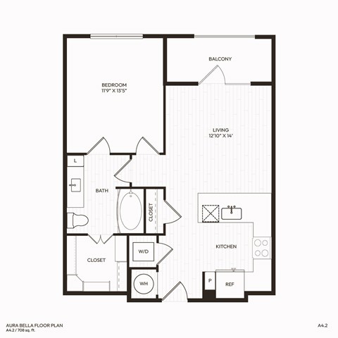 Floor plan for 1 bed, 1 bath, 708 sqft